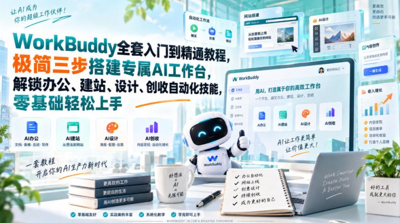 WorkBuddy全套入门到精通教程，极简三步搭建专属AI工作台，解锁办公、建站、设计、创收自动化技能，零基础轻松上手网创-网赚-电商-tk-出海-AI-抖音-快手-小红书-视频号-玩法-创业-小程序-公众号-私域-s粉网创智库