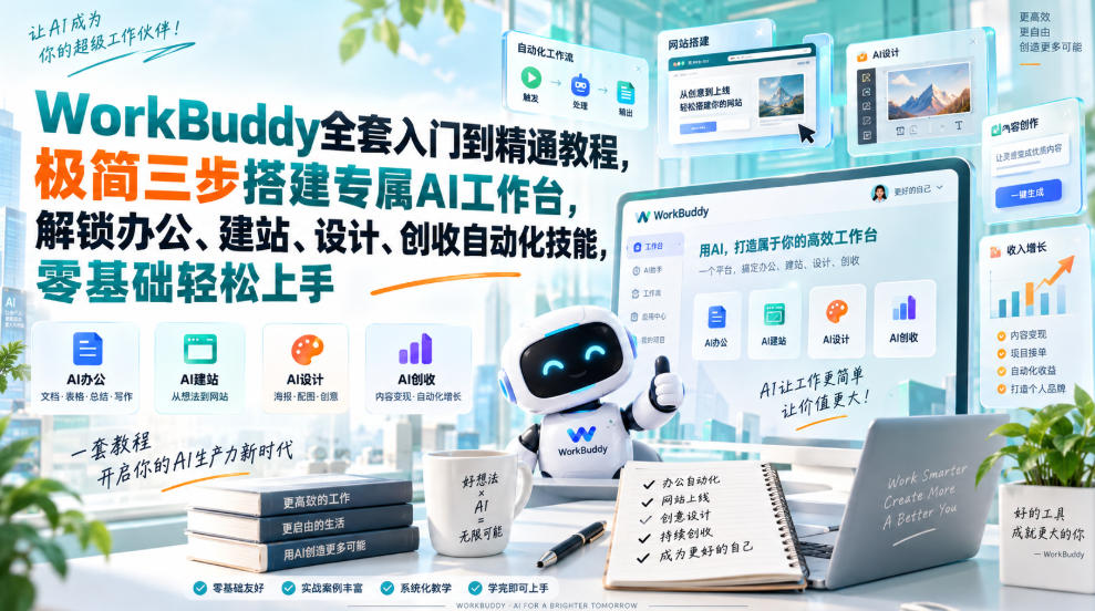 WorkBuddy全套入门到精通教程，极简三步搭建专属AI工作台，解锁办公、建站、设计、创收自动化技能，零基础轻松上手 - 网创智库网创-网赚-电商-tk-出海-AI-抖音-快手-小红书-视频号-玩法-创业-小程序-公众号-私域-s粉网创智库