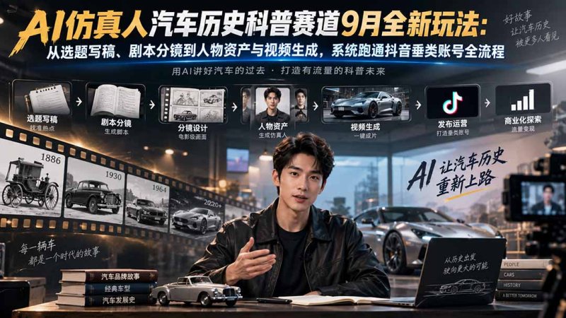 AI仿真人汽车历史科普赛道9月全新玩法：从选题写稿、剧本分镜到人物资产与视频生成，系统跑通抖音垂类账号全流程网创-网赚-电商-tk-出海-AI-抖音-快手-小红书-视频号-玩法-创业-小程序-公众号-私域-s粉网创智库