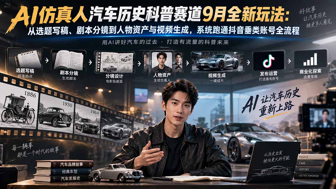 AI仿真人汽车历史科普赛道9月全新玩法：从选题写稿、剧本分镜到人物资产与视频生成，系统跑通抖音垂类账号全流程 - 网创智库网创-网赚-电商-tk-出海-AI-抖音-快手-小红书-视频号-玩法-创业-小程序-公众号-私域-s粉网创智库
