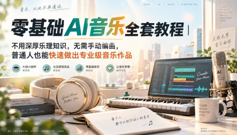 零基础AI音乐全套教程｜不用深厚乐理知识，无需手动编曲，普通人也能快速做出专业级音乐作品网创-网赚-电商-tk-出海-AI-抖音-快手-小红书-视频号-玩法-创业-小程序-公众号-私域-s粉网创智库