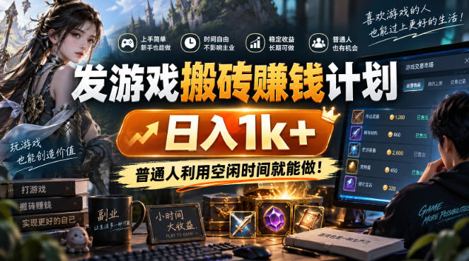 发游戏搬砖賺钱计划，日入1k+，普通人利用空闲时间就能做！【揭秘】网创-网赚-电商-tk-出海-AI-抖音-快手-小红书-视频号-玩法-创业-小程序-公众号-私域-s粉网创智库