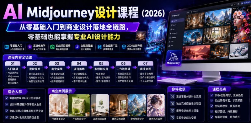 AI Midjourney设计课程(2026)，从零基础入门到商业设计落地全链路，零基础也能掌握专业AI设计能力(更新0913)网创-网赚-电商-tk-出海-AI-抖音-快手-小红书-视频号-玩法-创业-小程序-公众号-私域-s粉网创智库