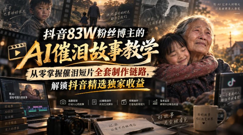 抖音83W粉丝博主的AI催泪故事教学，从零掌握催泪短片全套制作链路，解锁抖音精选独家收益网创-网赚-电商-tk-出海-AI-抖音-快手-小红书-视频号-玩法-创业-小程序-公众号-私域-s粉网创智库