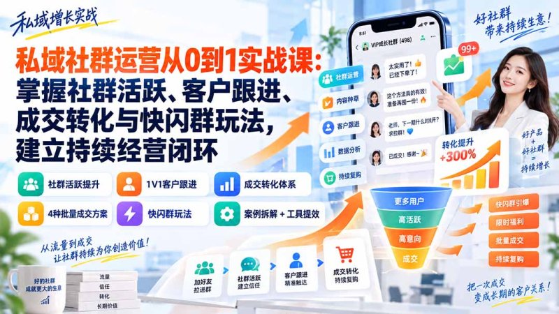 私域社群运营从0到1实战课：掌握社群活跃、客户跟进、成交转化与快闪群玩法，建立持续经营闭环网创-网赚-电商-tk-出海-AI-抖音-快手-小红书-视频号-玩法-创业-小程序-公众号-私域-s粉网创智库