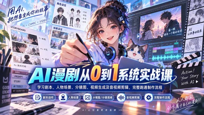AI漫剧从0到1系统实战课：学习剧本、人物场景、分镜图、视频生成及音视频剪辑，完整跑通制作流程网创-网赚-电商-tk-出海-AI-抖音-快手-小红书-视频号-玩法-创业-小程序-公众号-私域-s粉网创智库