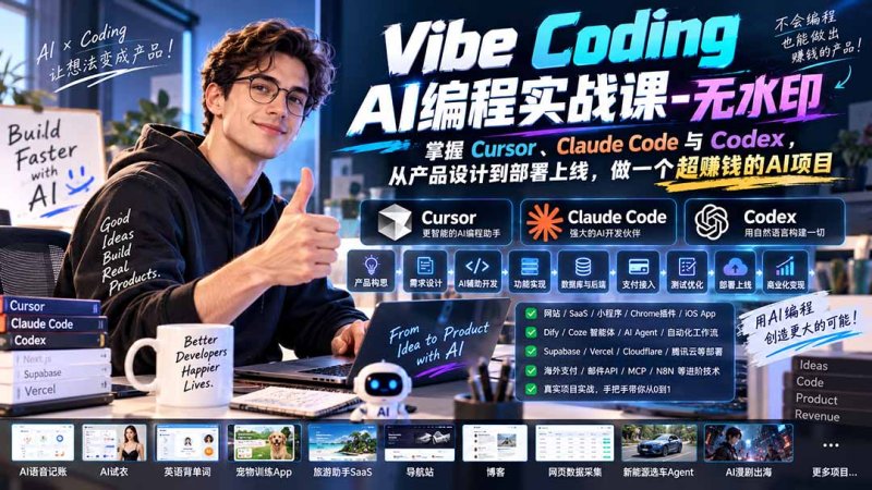 Vibe Coding AI编程实战课-无水印：掌握Cursor、Claude Code与Codex，从产品设计到部署上线，做一个超赚钱的AI项目网创-网赚-电商-tk-出海-AI-抖音-快手-小红书-视频号-玩法-创业-小程序-公众号-私域-s粉网创智库
