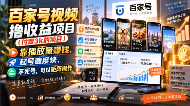 百家号视频撸收益项目(付费3k的项目)，靠播放量賺钱，起号速度快，不死号，可以矩阵操作网创-网赚-电商-tk-出海-AI-抖音-快手-小红书-视频号-玩法-创业-小程序-公众号-私域-s粉网创智库