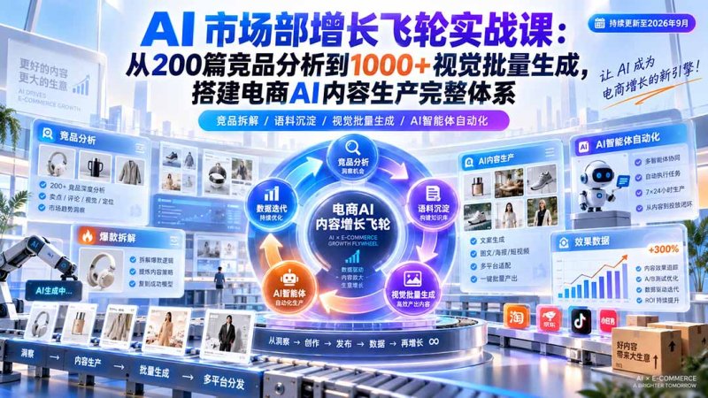 AI 市场部增长飞轮实战课：从200篇竞品分析到1000+视觉批量生成，搭建电商AI内容生产完整体系网创-网赚-电商-tk-出海-AI-抖音-快手-小红书-视频号-玩法-创业-小程序-公众号-私域-s粉网创智库