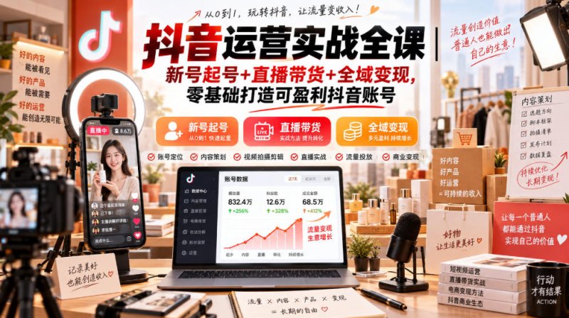 抖音运营实战全课｜新号起号+直播带货+全域变现，零基础打造可盈利抖音账号网创-网赚-电商-tk-出海-AI-抖音-快手-小红书-视频号-玩法-创业-小程序-公众号-私域-s粉网创智库