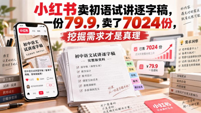 小红书卖初语试讲逐字稿，一份79.9，卖了7024份，挖掘需求才是真理网创-网赚-电商-tk-出海-AI-抖音-快手-小红书-视频号-玩法-创业-小程序-公众号-私域-s粉网创智库