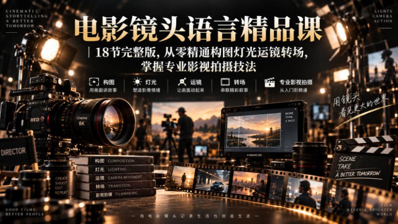 电影镜头语言精品课｜18节完整版，从零精通构图灯光运镜转场，掌握专业影视拍摄技法网创-网赚-电商-tk-出海-AI-抖音-快手-小红书-视频号-玩法-创业-小程序-公众号-私域-s粉网创智库