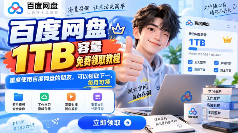 百度网盘1TB容量免费领取教程，重度使用百度网盘的朋友，可以领取下一，每月可领网创-网赚-电商-tk-出海-AI-抖音-快手-小红书-视频号-玩法-创业-小程序-公众号-私域-s粉网创智库