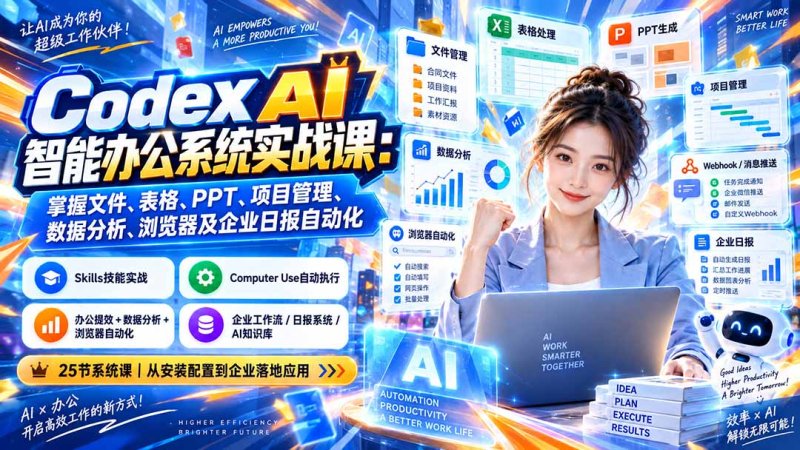 Codex AI智能办公系统实战课:掌握文件、表格、PPT、项目管理、数据分析、浏览器及企业日报自动化网创-网赚-电商-tk-出海-AI-抖音-快手-小红书-视频号-玩法-创业-小程序-公众号-私域-s粉网创智库