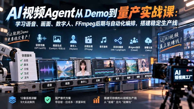 AI视频Agent从Demo到量产实战课：学习语音、画面、数字人、FFmpeg后期与自动化编排，搭建稳定生产线网创-网赚-电商-tk-出海-AI-抖音-快手-小红书-视频号-玩法-创业-小程序-公众号-私域-s粉网创智库