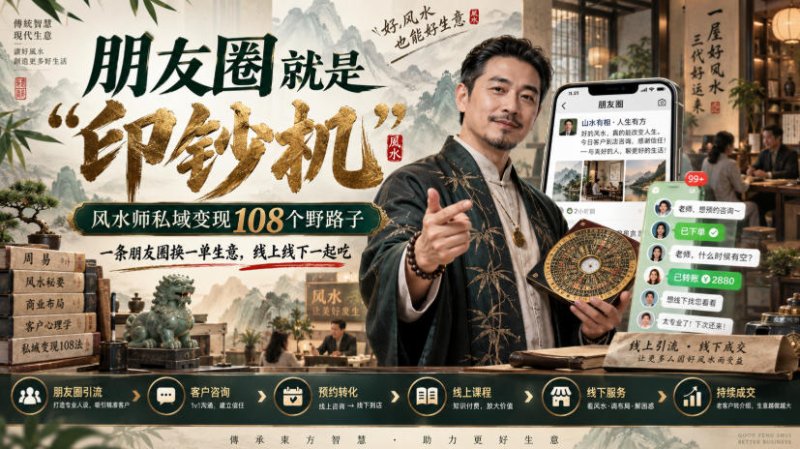 朋友圈就是“印钞机”，风水师私域变现108个野路子，一条朋友圈换一单生意，线上线下一起吃【文档】网创-网赚-电商-tk-出海-AI-抖音-快手-小红书-视频号-玩法-创业-小程序-公众号-私域-s粉网创智库
