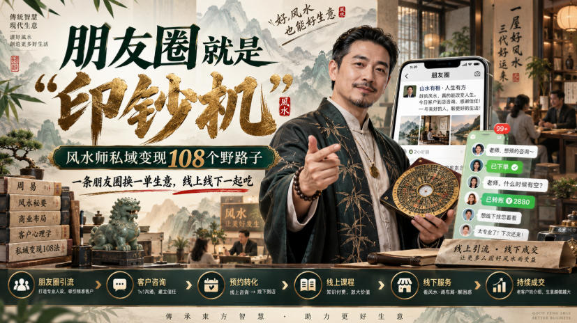朋友圈就是“印钞机”，风水师私域变现108个野路子，一条朋友圈换一单生意，线上线下一起吃【文档】 - 网创智库网创-网赚-电商-tk-出海-AI-抖音-快手-小红书-视频号-玩法-创业-小程序-公众号-私域-s粉网创智库