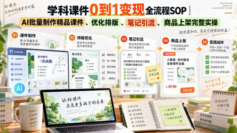 学科课件0到1变现全流程SOP|AI批量制作精品课件、优化排版、笔记引流、商品上架完整实操网创-网赚-电商-tk-出海-AI-抖音-快手-小红书-视频号-玩法-创业-小程序-公众号-私域-s粉网创智库