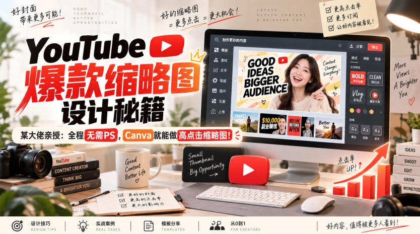 YouTube爆款缩略图设计秘籍，某油管大佬(610万订阅者)亲授，全程无需PS，Canva就能做高点击缩略图！【原创双语字幕】 - 网创智库网创-网赚-电商-tk-出海-AI-抖音-快手-小红书-视频号-玩法-创业-小程序-公众号-私域-s粉网创智库