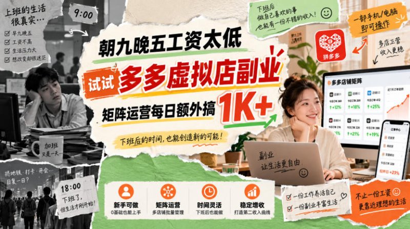 朝九晚五工资太低,试试多多虚拟店副业,矩阵运营每日额外搞1K+【揭秘】网创-网赚-电商-tk-出海-AI-抖音-快手-小红书-视频号-玩法-创业-小程序-公众号-私域-s粉网创智库
