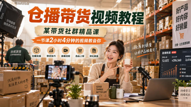 仓播带货视频教程，某带货社群精品课，一节课2小时4分钟的视频教会你网创-网赚-电商-tk-出海-AI-抖音-快手-小红书-视频号-玩法-创业-小程序-公众号-私域-s粉网创智库