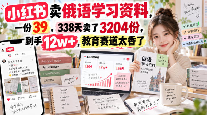 小红书卖俄语学习资料，一份39，338天卖了3204份，到手12w+，教育赛道太香了网创-网赚-电商-tk-出海-AI-抖音-快手-小红书-视频号-玩法-创业-小程序-公众号-私域-s粉网创智库