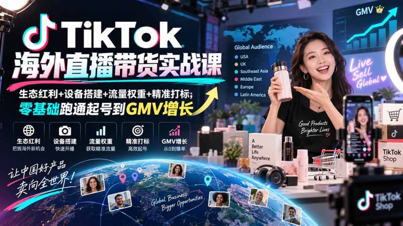 TikTok海外直播带货实战课｜生态红利+设备搭建+流量权重+精准打标，零基础跑通起号到GMV增长网创-网赚-电商-tk-出海-AI-抖音-快手-小红书-视频号-玩法-创业-小程序-公众号-私域-s粉网创智库
