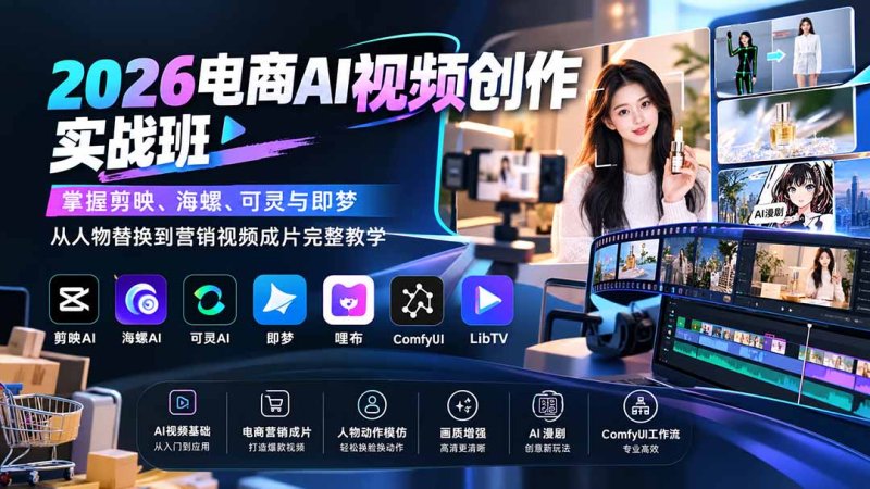 2026电商AI视频创作实战班：掌握剪映、海螺、可灵与即梦，从人物替换到营销视频成片完整教学网创-网赚-电商-tk-出海-AI-抖音-快手-小红书-视频号-玩法-创业-小程序-公众号-私域-s粉网创智库