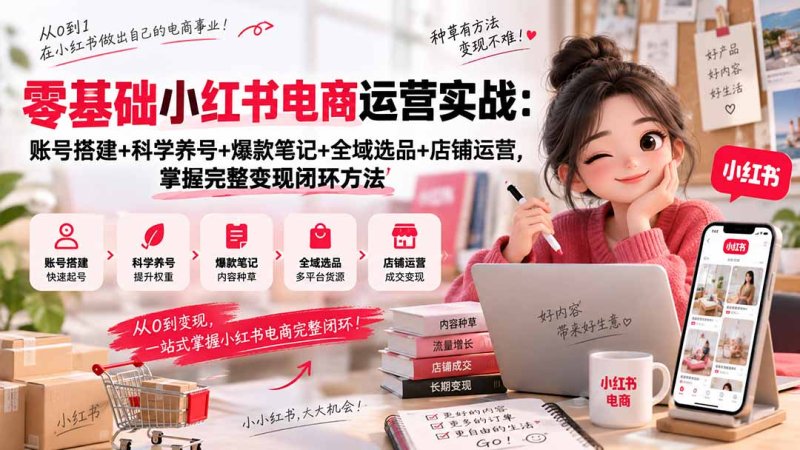 零基础小红书电商运营实战：账号搭建+科学养号+爆款笔记+全域选品+店铺运营，掌握完整变现闭环方法网创-网赚-电商-tk-出海-AI-抖音-快手-小红书-视频号-玩法-创业-小程序-公众号-私域-s粉网创智库