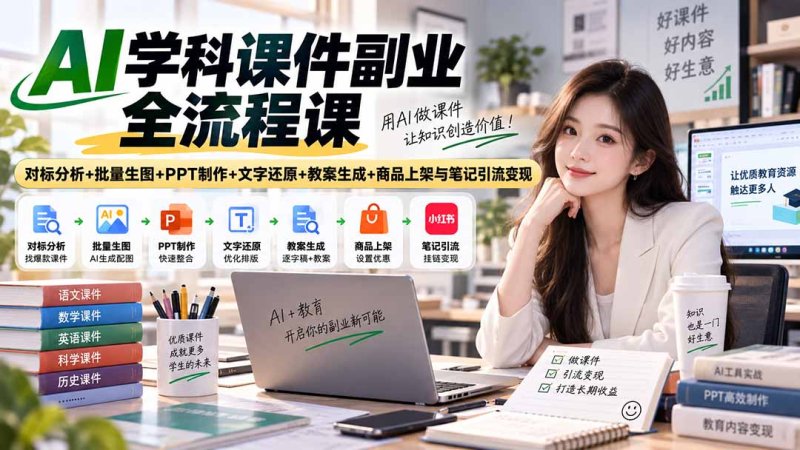 AI学科课件副业全流程课｜对标分析+批量生图+PPT制作+文字还原+教案生成+商品上架与笔记引流变现网创-网赚-电商-tk-出海-AI-抖音-快手-小红书-视频号-玩法-创业-小程序-公众号-私域-s粉网创智库