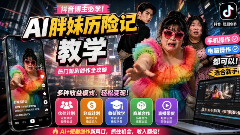 抖音博主的AI胖妹历险记教学,伙伴计划+分成计划+收徒+商单等多种收益,适合新手,手机电脑都可以操作网创-网赚-电商-tk-出海-AI-抖音-快手-小红书-视频号-玩法-创业-小程序-公众号-私域-s粉网创智库