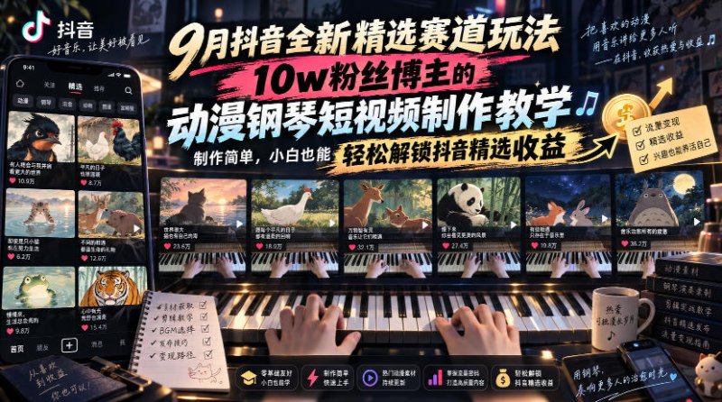 9月抖音全新精选赛道玩法，10w粉丝博主的动漫钢琴短视频制作教学，制作简单，小白也能轻松解锁抖音精选收益网创-网赚-电商-tk-出海-AI-抖音-快手-小红书-视频号-玩法-创业-小程序-公众号-私域-s粉网创智库