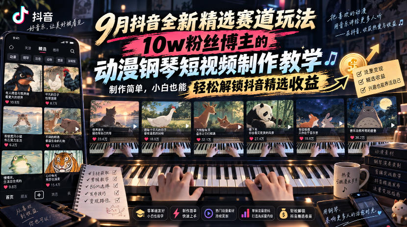 9月抖音全新精选赛道玩法，10w粉丝博主的动漫钢琴短视频制作教学，制作简单，小白也能轻松解锁抖音精选收益 - 网创智库网创-网赚-电商-tk-出海-AI-抖音-快手-小红书-视频号-玩法-创业-小程序-公众号-私域-s粉网创智库