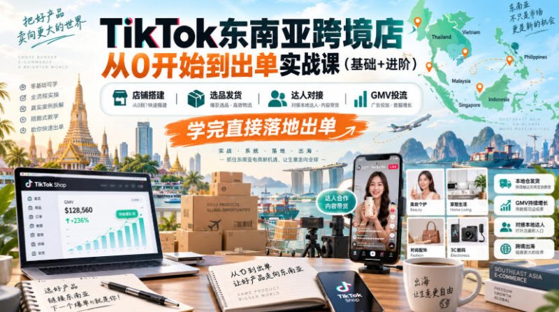 TikTok东南亚跨境店从0开始到出单实战课(基础+进阶),店铺搭建、选品发货、达人对接、GMV投流,学完直接落地出单网创-网赚-电商-tk-出海-AI-抖音-快手-小红书-视频号-玩法-创业-小程序-公众号-私域-s粉网创智库