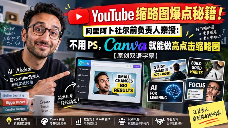 YouTube 缩略图爆点秘籍！阿里阿卜杜尔前负责人亲授：不用 PS，Canva 就能做高点击缩略图【原创双语字幕】网创-网赚-电商-tk-出海-AI-抖音-快手-小红书-视频号-玩法-创业-小程序-公众号-私域-s粉网创智库
