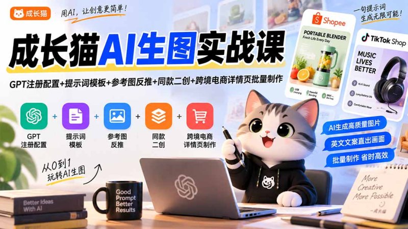 成长猫AI生图实战课｜GPT注册配置+提示词模板+参考图反推+同款二创+跨境电商详情页批量制作网创-网赚-电商-tk-出海-AI-抖音-快手-小红书-视频号-玩法-创业-小程序-公众号-私域-s粉网创智库