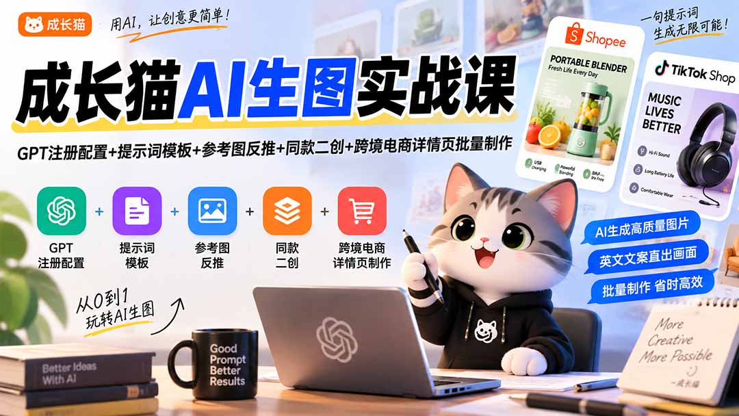 成长猫AI生图实战课｜GPT注册配置+提示词模板+参考图反推+同款二创+跨境电商详情页批量制作 - 网创智库网创-网赚-电商-tk-出海-AI-抖音-快手-小红书-视频号-玩法-创业-小程序-公众号-私域-s粉网创智库