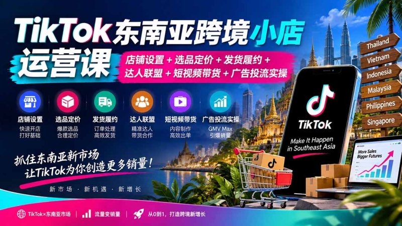 TikTok东南亚跨境小店运营课:店铺设置+选品定价+发货履约+达人联盟+短视频带货+广告投流实操网创-网赚-电商-tk-出海-AI-抖音-快手-小红书-视频号-玩法-创业-小程序-公众号-私域-s粉网创智库