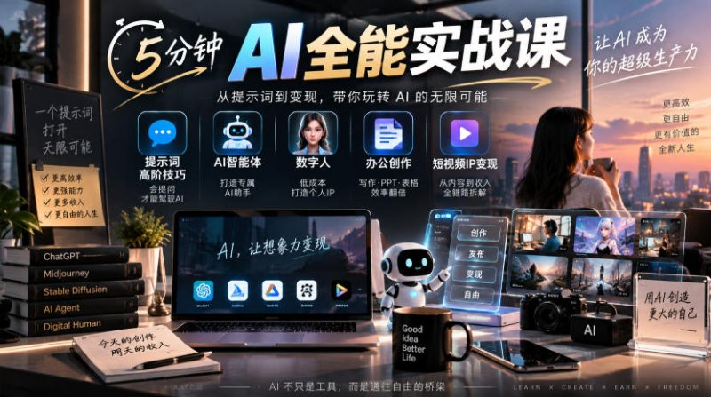5分钟AI全能实战课｜提示词高阶技巧+AI智能体+数字人+办公创作+短视频IP变现全教程网创-网赚-电商-tk-出海-AI-抖音-快手-小红书-视频号-玩法-创业-小程序-公众号-私域-s粉网创智库