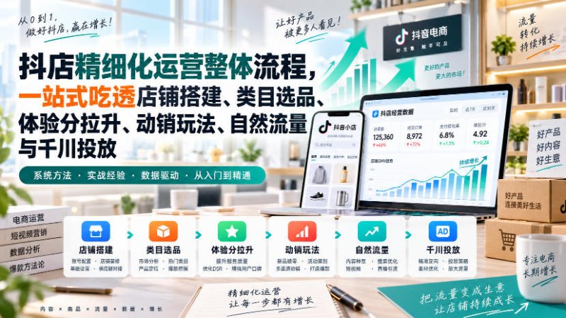 李哥电商-抖店精细化运营整体流程，一站式吃透店铺搭建、类目选品、体验分拉升、动销玩法、自然流量与千川投放网创-网赚-电商-tk-出海-AI-抖音-快手-小红书-视频号-玩法-创业-小程序-公众号-私域-s粉网创智库