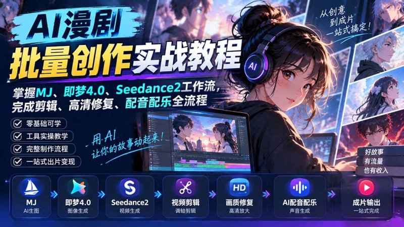 AI漫剧批量创作实战教程：掌握MJ、即梦4.0、Seedance2工作流，完成剪辑、高清修复、配音配乐全流程网创-网赚-电商-tk-出海-AI-抖音-快手-小红书-视频号-玩法-创业-小程序-公众号-私域-s粉网创智库