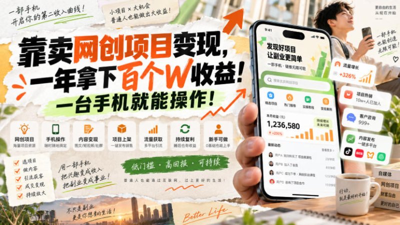 网创小程序虚拟资料变现，一年拿下百万收益，一部手机就可以做，0成本变现副业！网创-网赚-电商-tk-出海-AI-抖音-快手-小红书-视频号-玩法-创业-小程序-公众号-私域-s粉网创智库