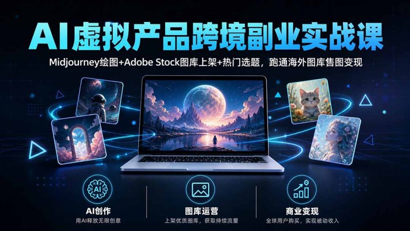 AI虚拟产品跨境副业实战课｜Midjourney绘图+Adobe Stock图库上架+热门选题，跑通海外图库售图变现网创-网赚-电商-tk-出海-AI-抖音-快手-小红书-视频号-玩法-创业-小程序-公众号-私域-s粉网创智库