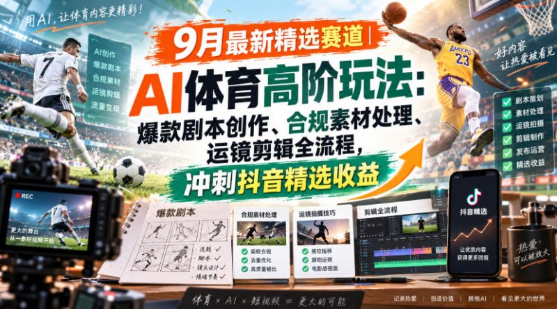 某大佬的9月最新精选赛道之AI体育顶级玩法,爆款剧本创作、版权规避、运镜剪辑全流程,稳拿抖音精选收益网创-网赚-电商-tk-出海-AI-抖音-快手-小红书-视频号-玩法-创业-小程序-公众号-私域-s粉网创智库