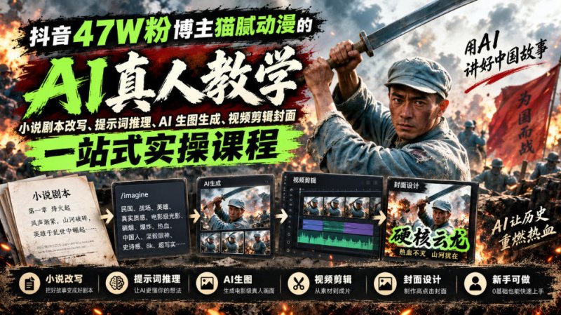 抖音47W粉博主猫腻动漫的AI真人漫剧教学,小说剧本改写、提示词推理、AI生图生成、视频剪辑封面一站式实操课程网创-网赚-电商-tk-出海-AI-抖音-快手-小红书-视频号-玩法-创业-小程序-公众号-私域-s粉网创智库