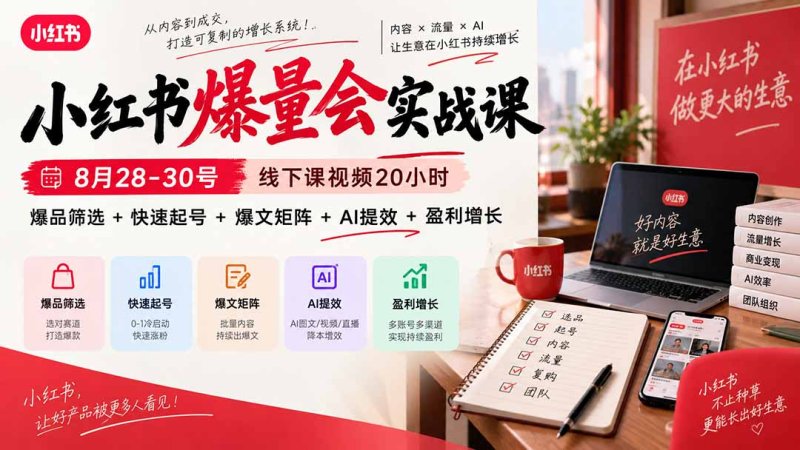 小红书爆量会实战课-更新9月17：线下课视频20小时，爆品筛选+快速起号+爆文矩阵+AI提效+盈利增长网创-网赚-电商-tk-出海-AI-抖音-快手-小红书-视频号-玩法-创业-小程序-公众号-私域-s粉网创智库