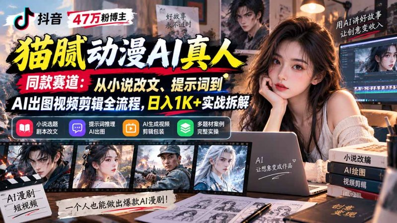 抖音47万粉博主猫腻动漫AI真人同款赛道：从小说改文、提示词到AI出图视频剪辑全流程，日入1K+实战拆解网创-网赚-电商-tk-出海-AI-抖音-快手-小红书-视频号-玩法-创业-小程序-公众号-私域-s粉网创智库