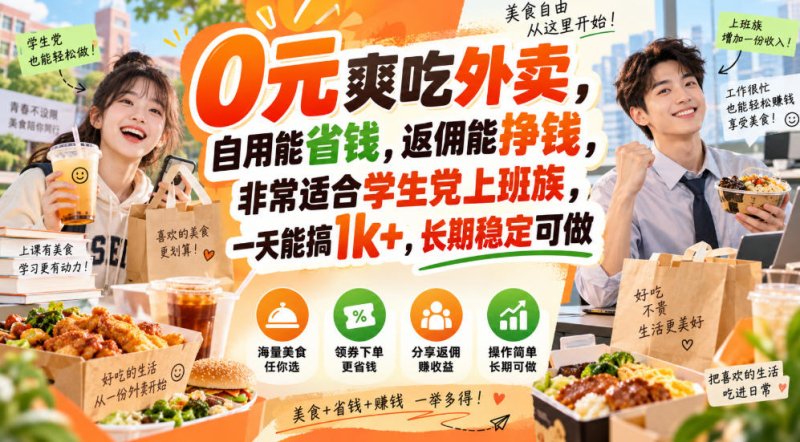 0元爽吃外卖，自用能省钱，返佣能挣钱，非常适合学生党上班族，一天能搞1k+，长期稳定可做网创-网赚-电商-tk-出海-AI-抖音-快手-小红书-视频号-玩法-创业-小程序-公众号-私域-s粉网创智库
