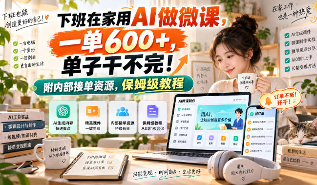 下班在家用AI做微课，一单600+，单子干不完！附内部接单资源，保姆级教程【揭秘】网创-网赚-电商-tk-出海-AI-抖音-快手-小红书-视频号-玩法-创业-小程序-公众号-私域-s粉网创智库