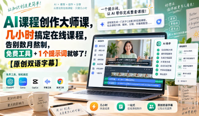 AI课程创作大师课，几小时搞定在线课程，告别数月熬制，免费工具+1个提示词就够了！【原创双语字幕】网创-网赚-电商-tk-出海-AI-抖音-快手-小红书-视频号-玩法-创业-小程序-公众号-私域-s粉网创智库